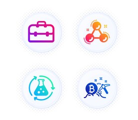 Portfolio, Chemistry experiment and Chemistry molecule icons simple set. Button with halftone dots. Bitcoin mining sign. Business case, Laboratory flask, Laboratory atom. Vector