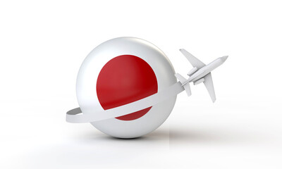 Travel to Japan concept. Airplane flying around flag. 3D Rendering.