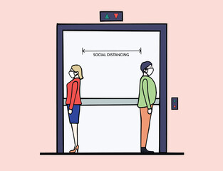 Social distancing in elevator. People wearing face masks use lift and maintain social distancing to protect and prevent from covid-19 coronavirus