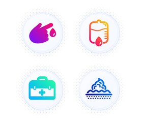 First aid, Blood donation and Drop counter icons simple set. Button with halftone dots. Skin care sign. Medicine case, Injury, Medical equipment. Face cream. Healthcare set. Vector