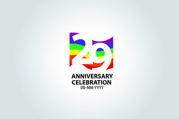29 year anniversary celebration logotype with white number Emboss Style isolated on LGBT Colorful Flag on white grey background for invitation card, banner or flyer -vector