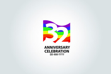 32 year anniversary celebration logotype with white number Emboss Style isolated on LGBT Colorful Flag on white grey background for invitation card, banner or flyer -vector