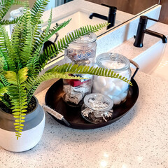 Square Potted fern and tray with jars on white countertop with sink and black faucet