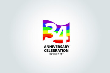 34 year anniversary celebration logotype with white number Emboss Style isolated on LGBT Colorful Flag on white grey background for invitation card, banner or flyer -vector