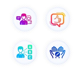 Like, Opinion and People talking icons simple set. Button with halftone dots. Medical tablet sign. Thumbs up, Choose answer, Contact service. Medicine pill. People set. Gradient flat like icon. Vector