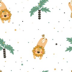 Seamless pattern with cute character lion and palm. Cute vector illustration for kids - lion. Ideal print for fabrics, textiles and gift wrapping Baby Shower