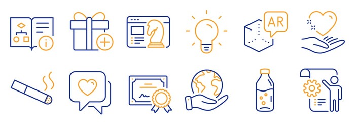 Set of Business icons, such as Add gift, Technical algorithm. Certificate, save planet. Augmented reality, Smoking, Water bottle. Settings blueprint, Heart, Light bulb. Vector