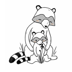 The raccoon family is exploring nature. Close relationship, warm. Children's illustration, family psychology, cute animals, family relationships. Pictures for Instagram posts.