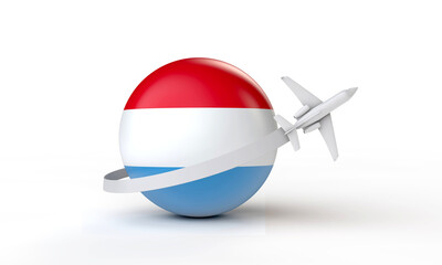 Travel to Luxembourg concept. Airplane flying around flag. 3D Rendering.