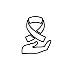 Awareness ribbon on hand line icon. Charity, support symbol.
