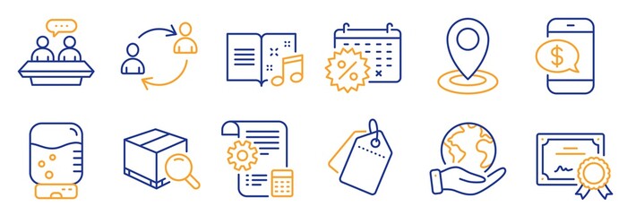 Set of Business icons, such as Settings blueprint, Water cooler. Certificate, save planet. Sale tags, Calendar discounts, Phone payment. User communication, Music book, Search package. Vector