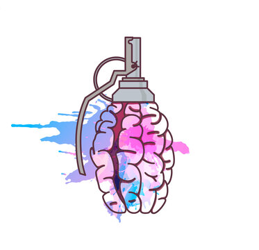 Grenade shaped brain with colorful grunge splashes. Mental health or brainstorm concept.