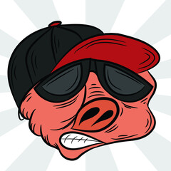 Illustration vector of pig cartoon with cap and glasses
