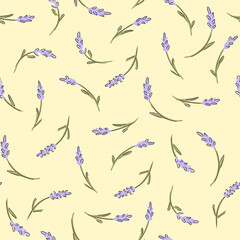 Lavender flower seamless childish pattern on yellow background. Texture for - fabric, wrapping, textile, wallpaper, apparel. 