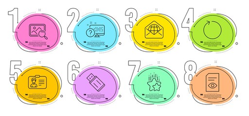 Ranking stars, Usb flash and Search photo signs. Timeline steps infographic. Loop, View document and Identification card line icons set. Web mail, Online quiz symbols. Refresh, Open file. Vector