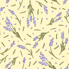 Lavender flower seamless childish pattern on yellow background. Texture for - fabric, wrapping, textile, wallpaper, apparel. 