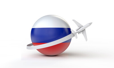 Travel to Russia concept. Airplane flying around flag. 3D Rendering.