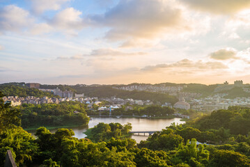 Fototapeta premium Aerial view of green grass lake in hsinchu, taiwan