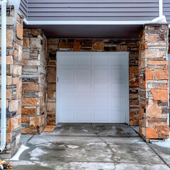 Square White panelled garage door of home with gray siding and stone exterior wall