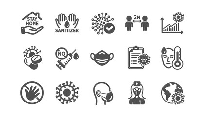 Coronavirus icons set. Medical mask, washing hands hygiene, protective glasses. Covid-19 virus pandemic. Stay home, hands sanitizer, coronavirus epidemic mask icons. No vaccine. Quality set. Vector