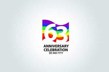 63 year anniversary celebration logotype with white number Emboss Style isolated on LGBT Colorful Flag on white grey background for invitation card, banner or flyer -vector