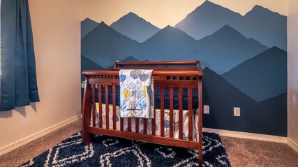 Panorama Bedroom interior with mountain peaks mural interior © Jason