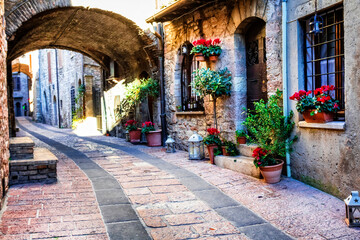 Charming old medieval villages of Italy with typical floral narrow streets. Assisi , Umbria