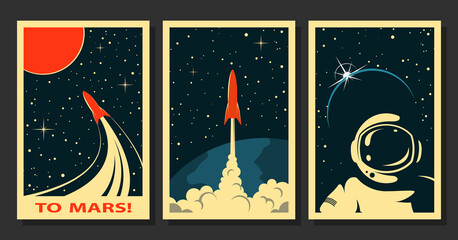 Vector Space Posters. Stylized under the Old Soviet Space Propaganda © motis_illustration