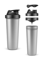 Vector realistic 3d silver shaker with open cap for sports nutrition, gainer or whey protein. Plastic drink bottle or mixer, isolated on white background. Accessory for gym bodybuilding, gymnasium