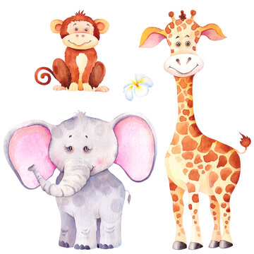Little giraffe, elephant and monkey. African cartoon animal cubs.