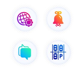Bell, Messenger and Globe icons simple set. Button with halftone dots. Parking place sign. Alarm signal, Speech bubble, Internet settings. Transport. Business set. Gradient flat bell icon. Vector