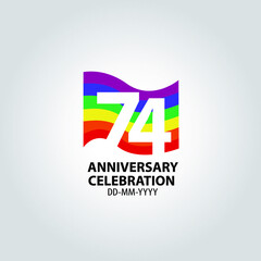 74 year anniversary celebration logotype with white number Emboss Style isolated on LGBT Colorful Flag on white grey background for invitation card, banner or flyer -vector