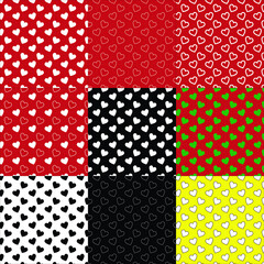 9 Simple hearts seamless vector patterns set. Valentines OR chirstmas day background. Flat design endless chaotic texture made of tiny heartVector illustration for holiday design.