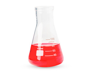 Erlenmeyer flask, conical flask glassware with red color liquid solution in science chemistry laboratory isolated on white background.