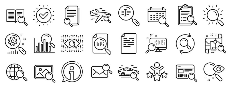 Photo indexation, Artificial intelligence, Car rental icons. Search line icons. Airplane flights, Web search engine, Analytics. Find photo, checklist document, artificial intelligence eye. Vector