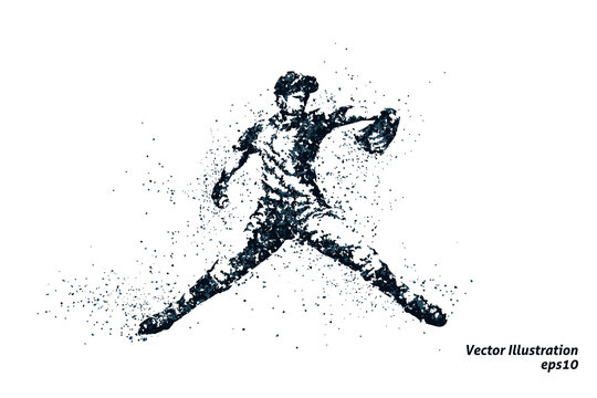 点描画風の野球ピッチャーのシルエット、2色のベクターイラストレーション
