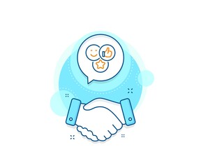 Thumbs up sign. Handshake deal complex icon. Social media likes line icon. Positive smile feedback symbol. Agreement shaking hands banner. Like sign. Vector