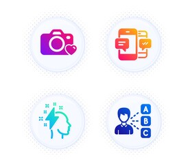 Brainstorming, Photo camera and Smartphone sms icons simple set. Button with halftone dots. Opinion sign. Lightning bolt, Love photos, Mobile messages. Choose answer. Education set. Vector