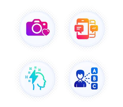 Brainstorming, Photo camera and Smartphone sms icons simple set. Button with halftone dots. Opinion sign. Lightning bolt, Love photos, Mobile messages. Choose answer. Education set. Vector
