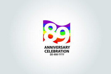 89 year anniversary celebration logotype with white number Emboss Style isolated on LGBT Colorful Flag on white grey background for invitation card, banner or flyer -vector