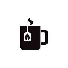 Hot tea cup icon in flat design style. Instant tea with tea bag symbol.