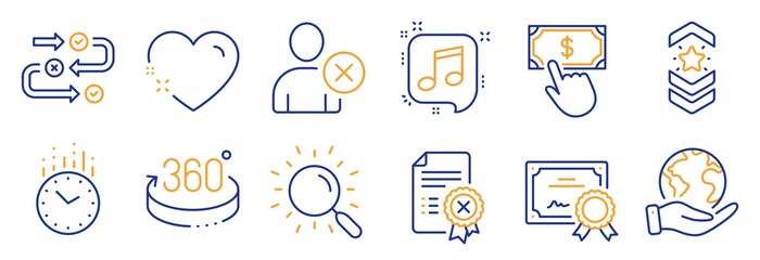 Set of Business icons, such as Reject certificate, Payment click. Certificate, save planet. Survey progress, Musical note, 360 degrees. Heart, Time, Delete user. Vector