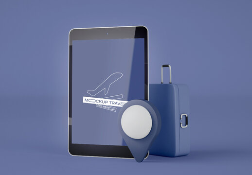 Tablet with Travel Suitcase and Pointer Mockup