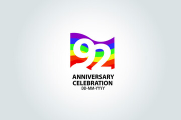 year anniversary celebration logotype with white 92 number Emboss Style isolated on LGBT Colorful Flag on white grey background for invitation card, banner or flyer -vector