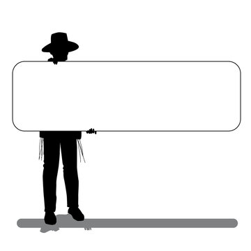 A black vector silhouette of a Torah-observant Jewish man holding a sign.
The character is dressed like a hipster with a black hat. And a suit.
Flat vector drawing.