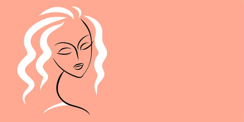 Face silhouette of a beautiful girl. Drawing in black and white lines. Female beauty. Vector illustration with place for text.