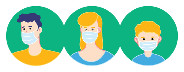 Family wears face masks. Virus transmission prevention. Smog protection.