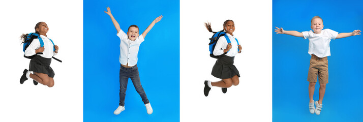 Collage of jumping children in school uniform on color backgrounds. Banner design