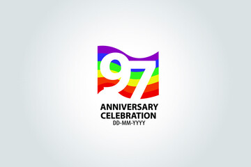 97 year anniversary celebration logotype with white number Emboss Style isolated on LGBT Colorful Flag on white grey background for invitation card, banner or flyer -vector