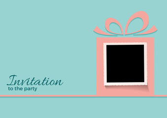 A gift for your happy birthday. Invitation to the party with empty photo inside a gift. Picture to insert. Vector pink box on bluemarine background